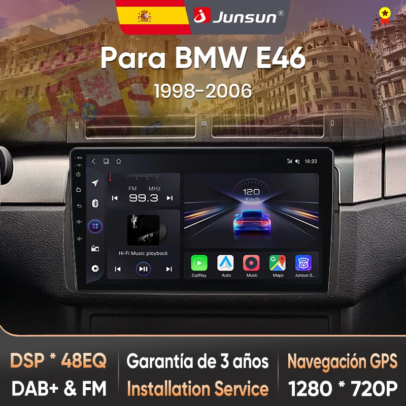 Autoradio Junsun pour BMW E46 M3 318/320/325/330 1998-2006, CarPlay sans fil, Android Auto, systèmes intelligents, écran tactile IPS/QLED, DSP, navigation GPS, WiFi, DAB+ RDS, FM/RAM, BT, SWC, Plug and Play, 2DIN, WiFi, 4G, stéréo multimédia