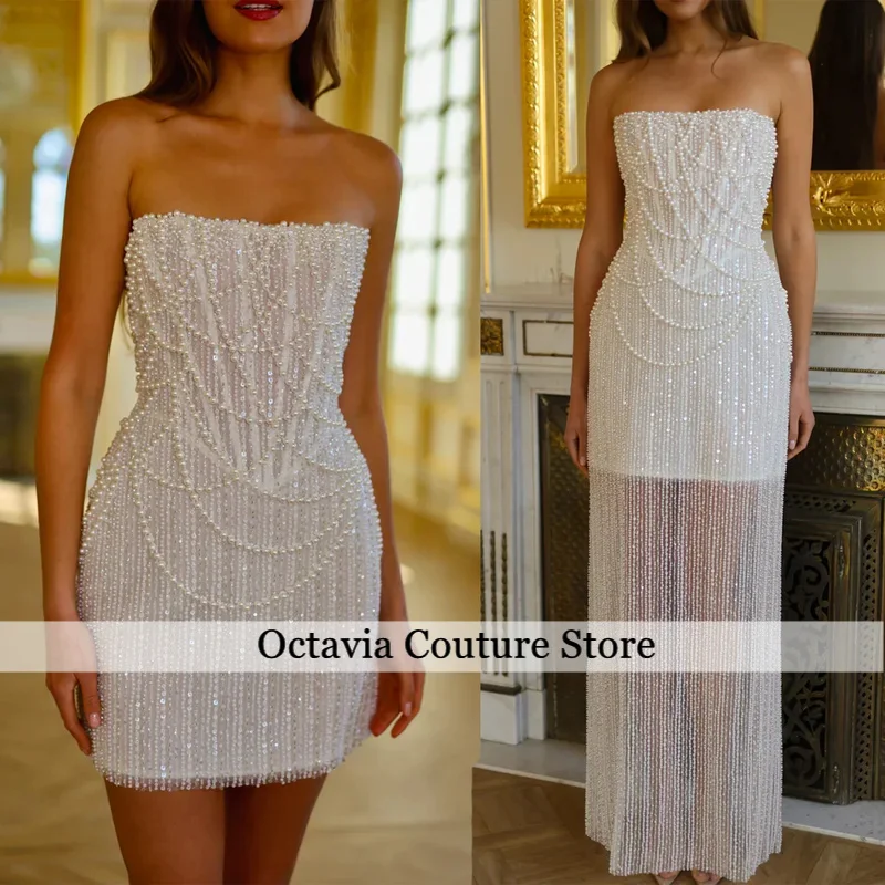 

Customized Pearls Beading Prom Dress Sleeveless Mini Skirt Crystals Formal Evening Dress Strapless vestidos de fiesta elegantes