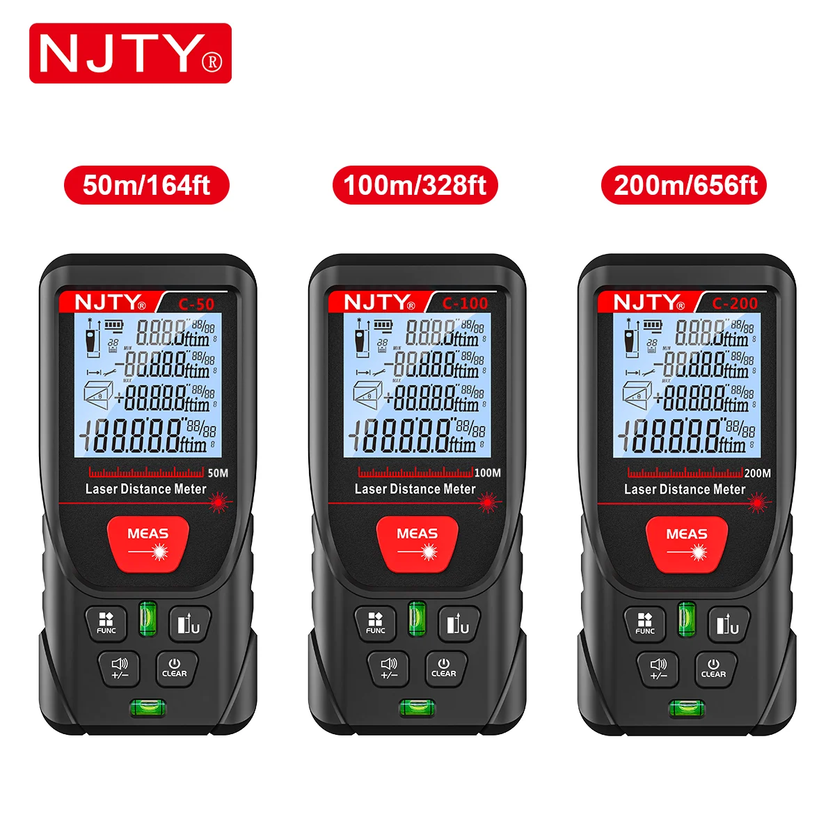 NJTY 50 m 100 m 200 m Lasermessgerät Digitales Handbandmaß ROTER Laser mit tragbarer Tasche Lanyard Datenaufzeichnungen IP54 Entfernungsmesser – Detail 10
