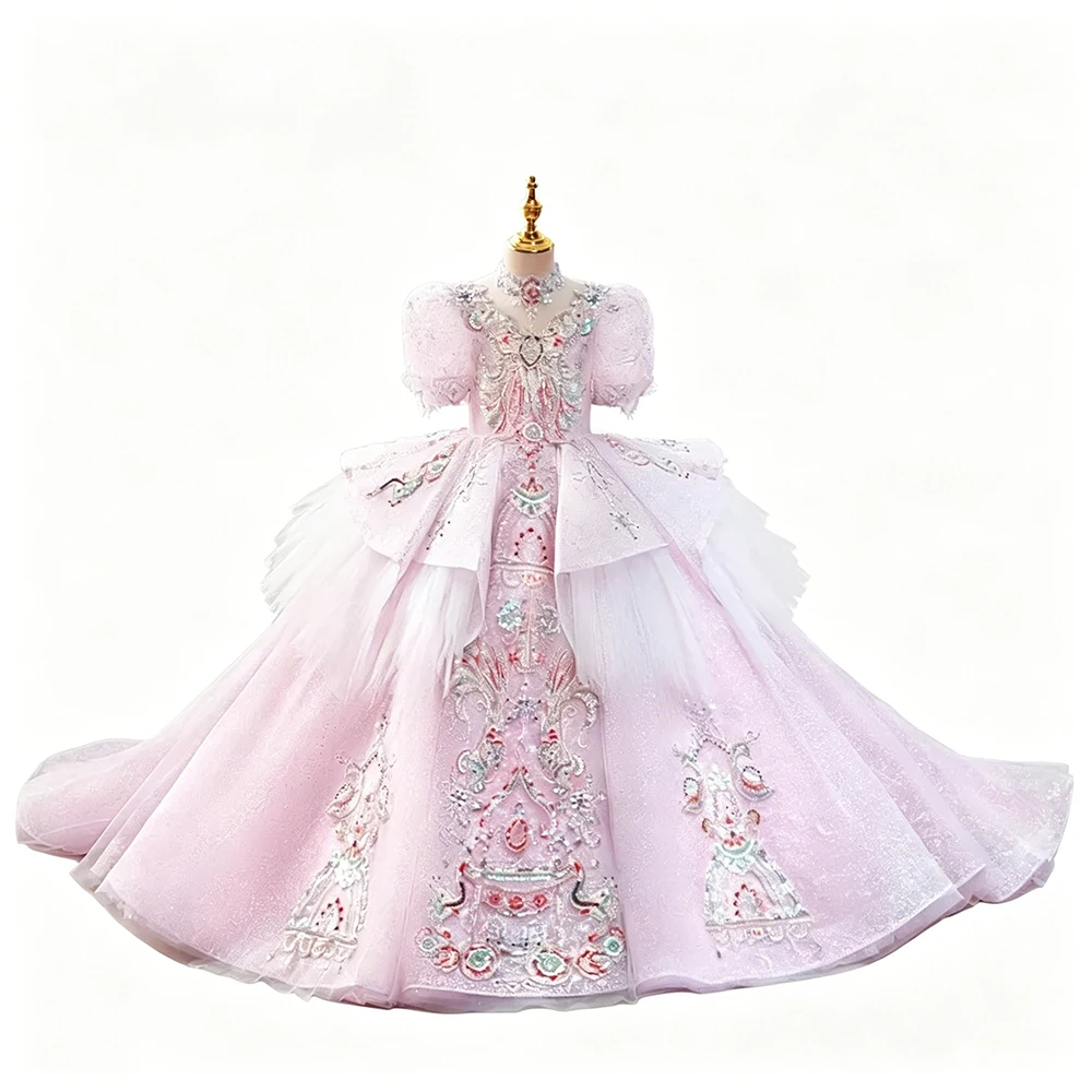 Luxury Pink Short Sleeve model Show And Pageant Floor Length Dress For Girls Formal Backless Evening And Wedding Party Dresses