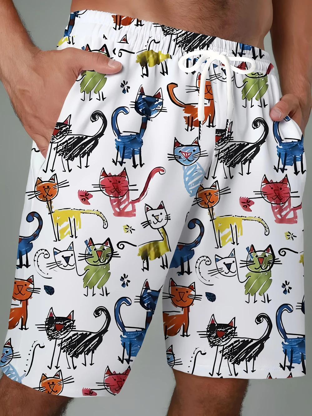 

Men's Casual Shorts with Cat Print Lightweight Breathable Fabric Pockets Perfect Gift Outdoor Sportswear Stylish Vacation Wear