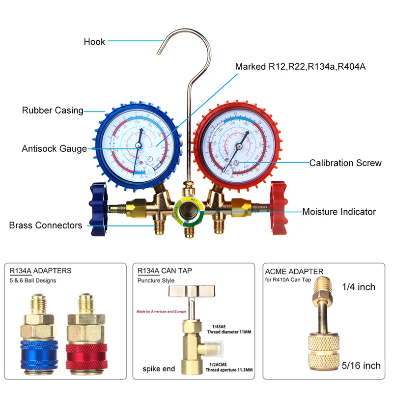 R134 Air Conditioning Pressure Gauge with Hose and Hook 3 Way AC Diagnostic Manifold Gauge Set Freon For R22 R134