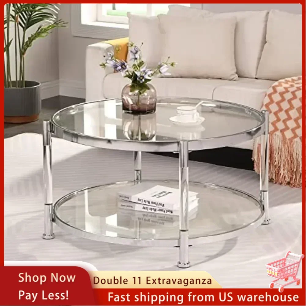 Tempered Glass Round Coffee Table,  with Clear Glass Top for Storage, with Open Shelf 32