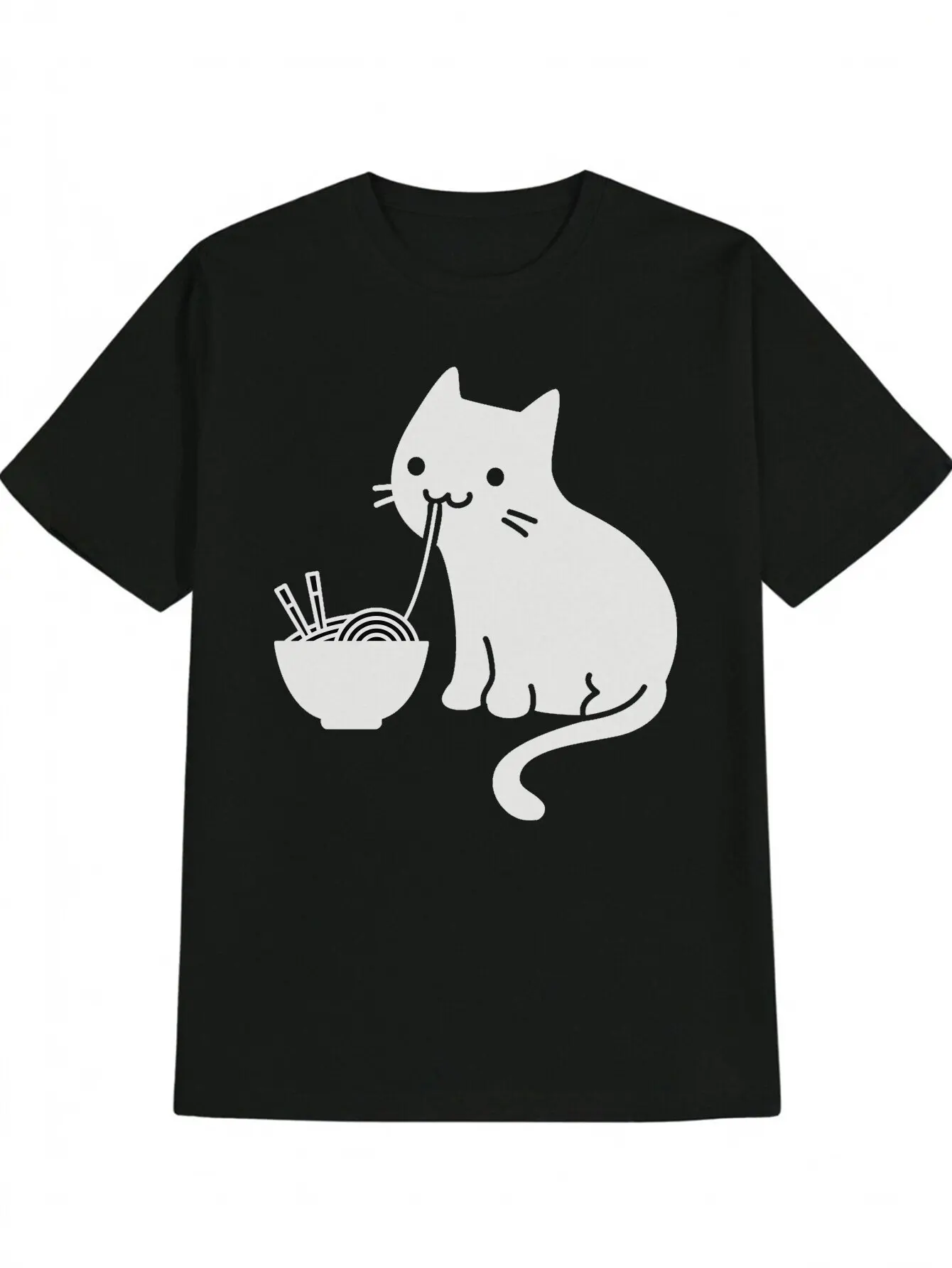 

1pc Men'S Casual Crew Neck T-Shirt Cartoon Cat Eating Noodles Print Cotton Knit Fabric with Slight Stretch Regular Fit