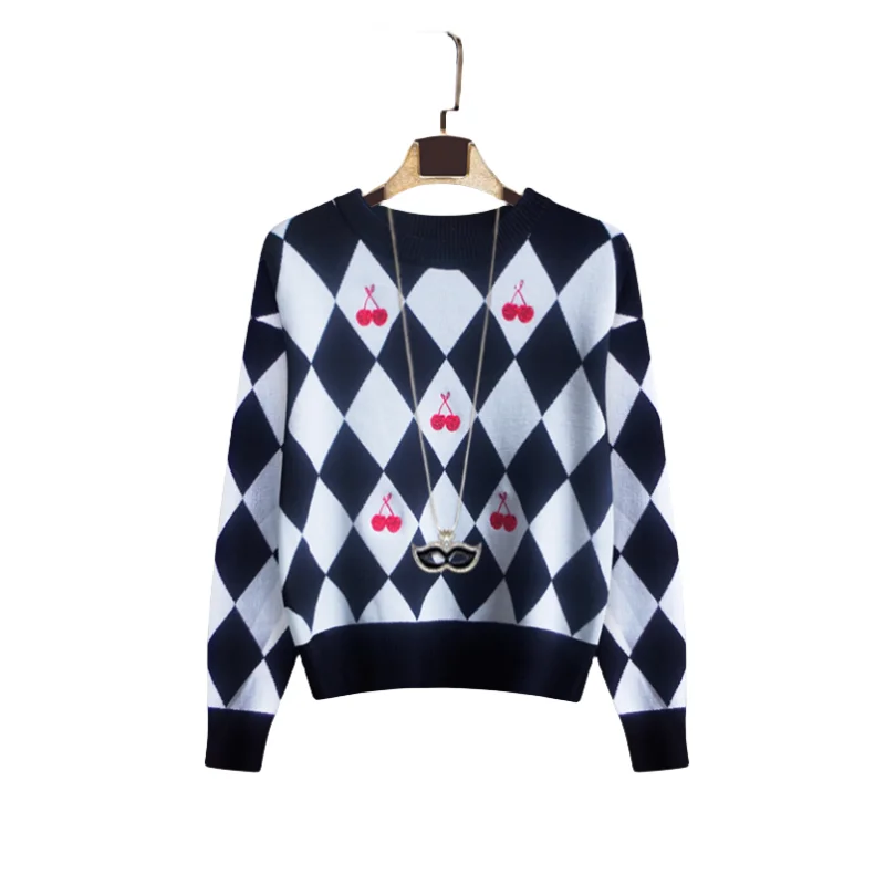 

Vintage Embroidery Cherry Sweater Women O-Neck Fashion Argyle Knitted Pullover Long Sleeve Tops Spring Winter Knitwear Jumper