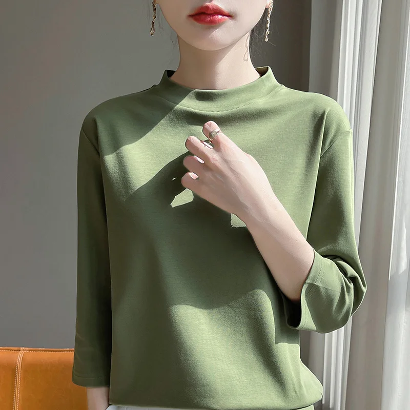 

Spring And Summer New Cotton Stand Collar Cropped Sleeve T-shirt Women's Loose Large Size Mercerized Cotton Ttop Bottoming Shirt