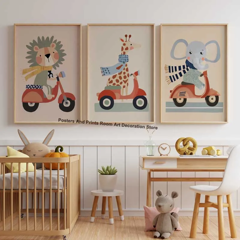 Póster Divertido de Animales, León, Jirafa, Perro, Scooter, Coche, Arte de Pared en Lienzo, Pósters para Cuarto de Niños, Decoración para Dormitorio Infantil, Regalos para el Hogar