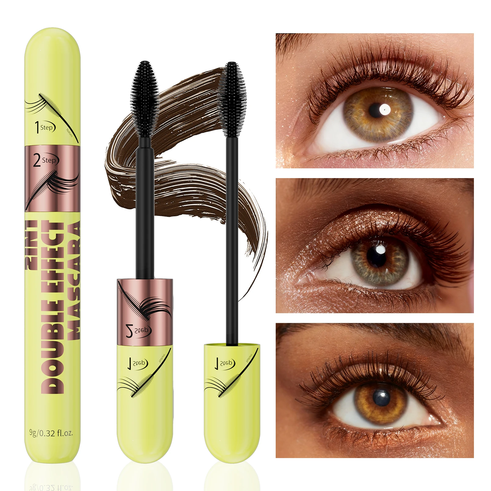 [Dual Brush Heads Brown Mascara] Waterproof Brown Mascara with Dual Brush Heads - Smudge-Proof, Clump-Free for Longer