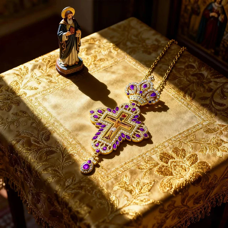 Luxuriöse Orthodoxe Brustkreuz-Halskette, Rote Kristallakzente mit Kruzifix-Ikone, Hochwertiger Liturgischer Schmuck für Kirchliche Sakramente – Detail 14