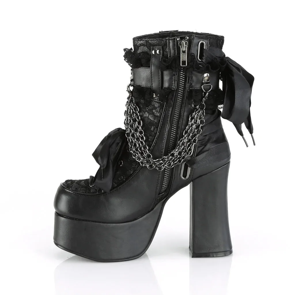 Punk Style Metal Chain Locomotive Boots Retro Square Head Thick Heel Lace Bow Zipper Sexy Large Size High Heel Women's Boots