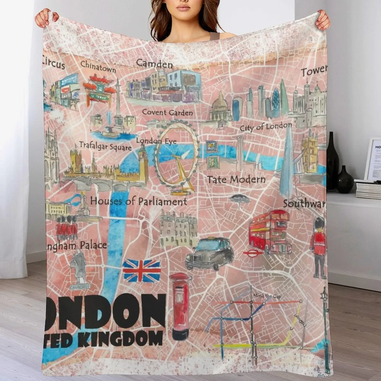 

London UK Illustrated Map with Main Roads, Landmarks & Highlights Throw Blanket Cute Sofas for babies Stuffeds Blankets