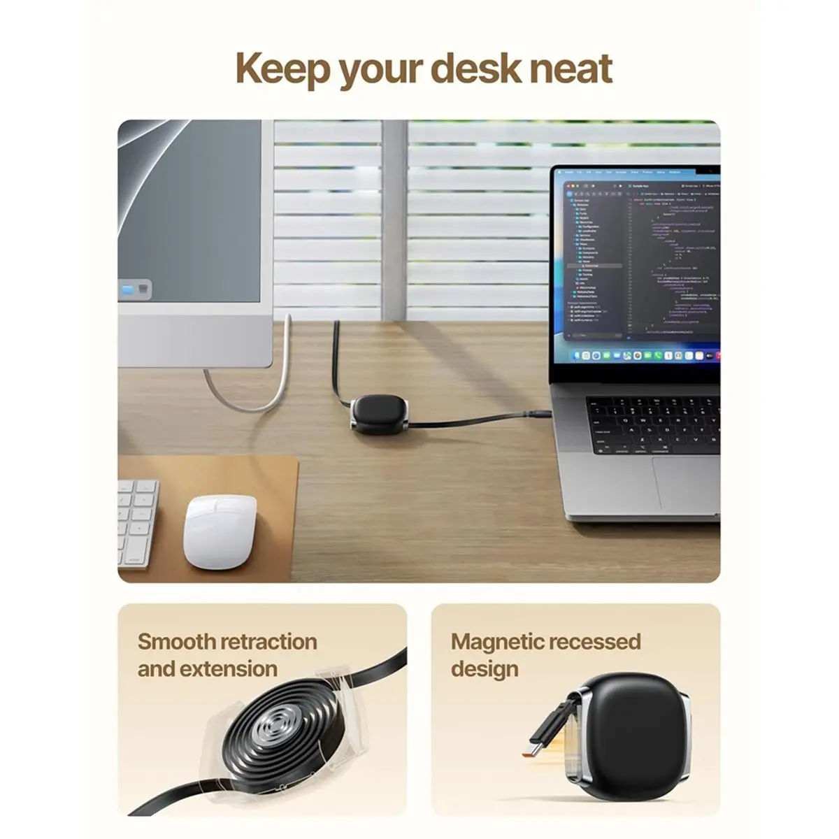 【B63C~】 Charger Type-C Retractable - 240W Fast Charging Cable Snap Storage Compatible with Car Vehicle Travel 1M