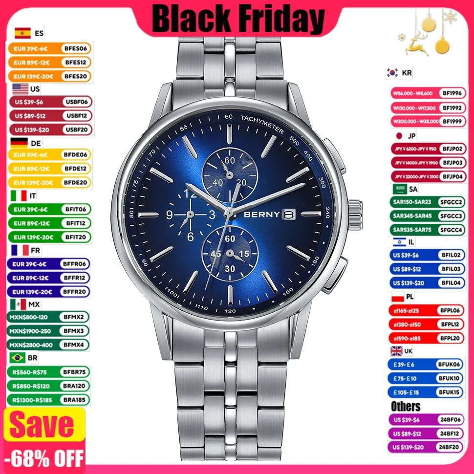 BERNY Chronograph Watches for Men 24-hour Dial MIYOTA OS10 Multi-function Stainless Steel Sapphire Sport Quartz Wristwatch Men