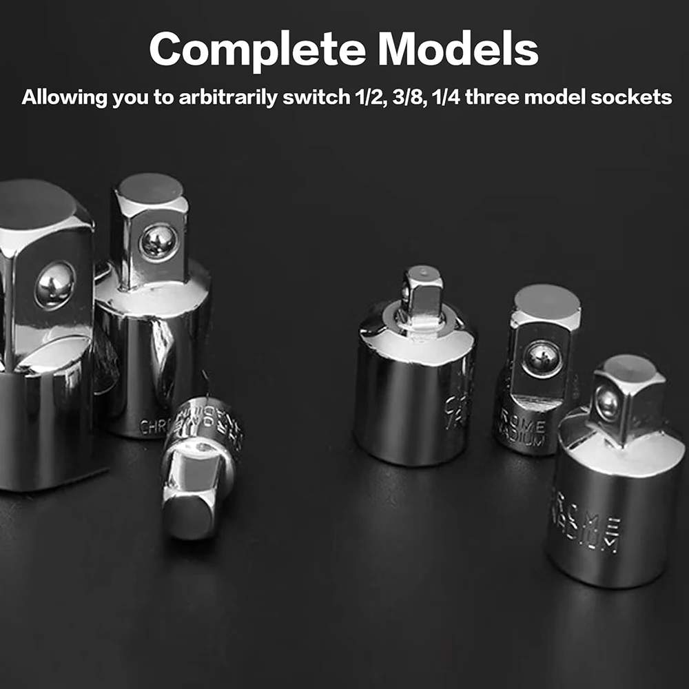 ชุดอะแดปเตอร์และตัวแปลงขนาดหัวบล็อก 6 ชิ้น - 1/4 นิ้ว 3/8 นิ้ว 1/2 นิ้ว ผลิตจากเหล็กโครเมียมวานาเดียม สำหรับประแจวงล้อ/ตัวต่อหัวบล็อก/ชุดแปลง สำหรับงานยานยนต์