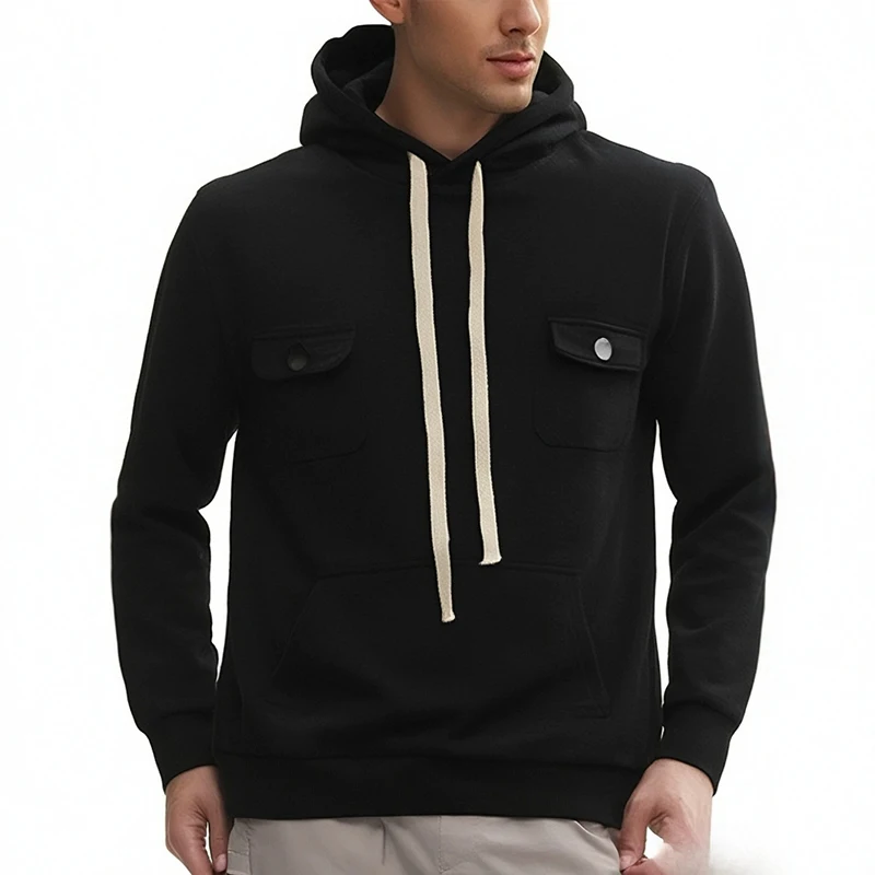 2024 Fall Winter Casual Fleece Lining Hoodie Mens Leisure Pockets Solid Color Fleece Hoodies Men Streetwear Fashion Sweatshirts