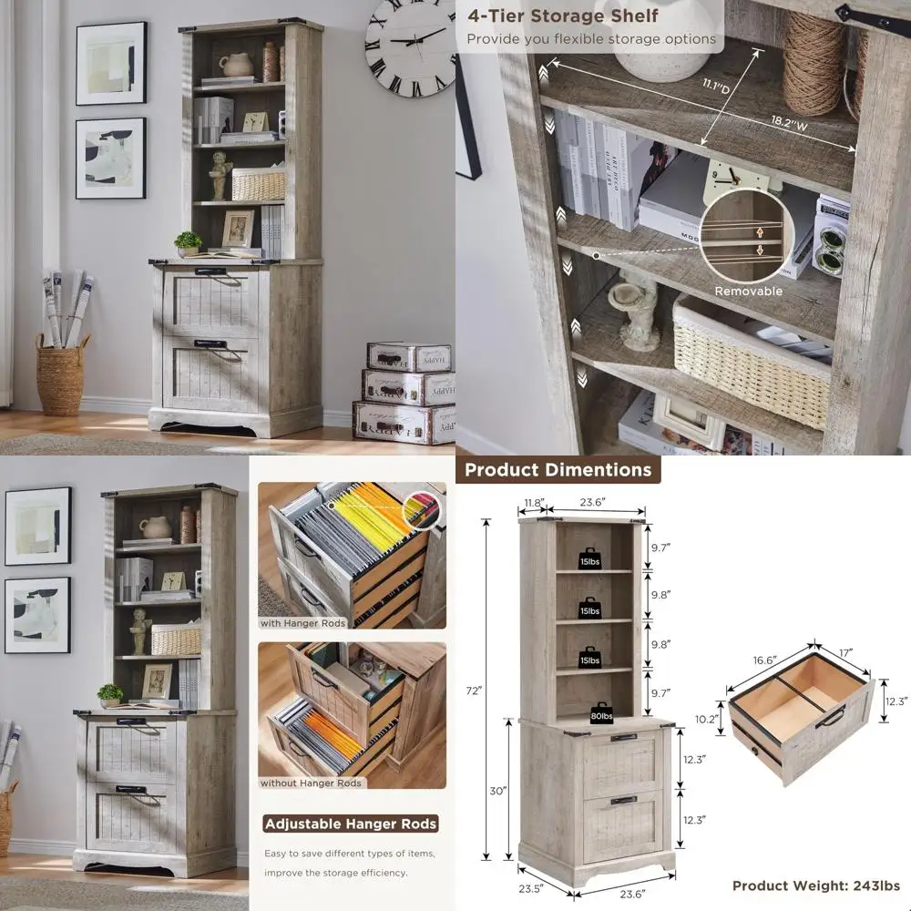 Estante rústica estilo fazenda de 72 polegadas de altura com 2 gavetas e prateleiras ajustáveis