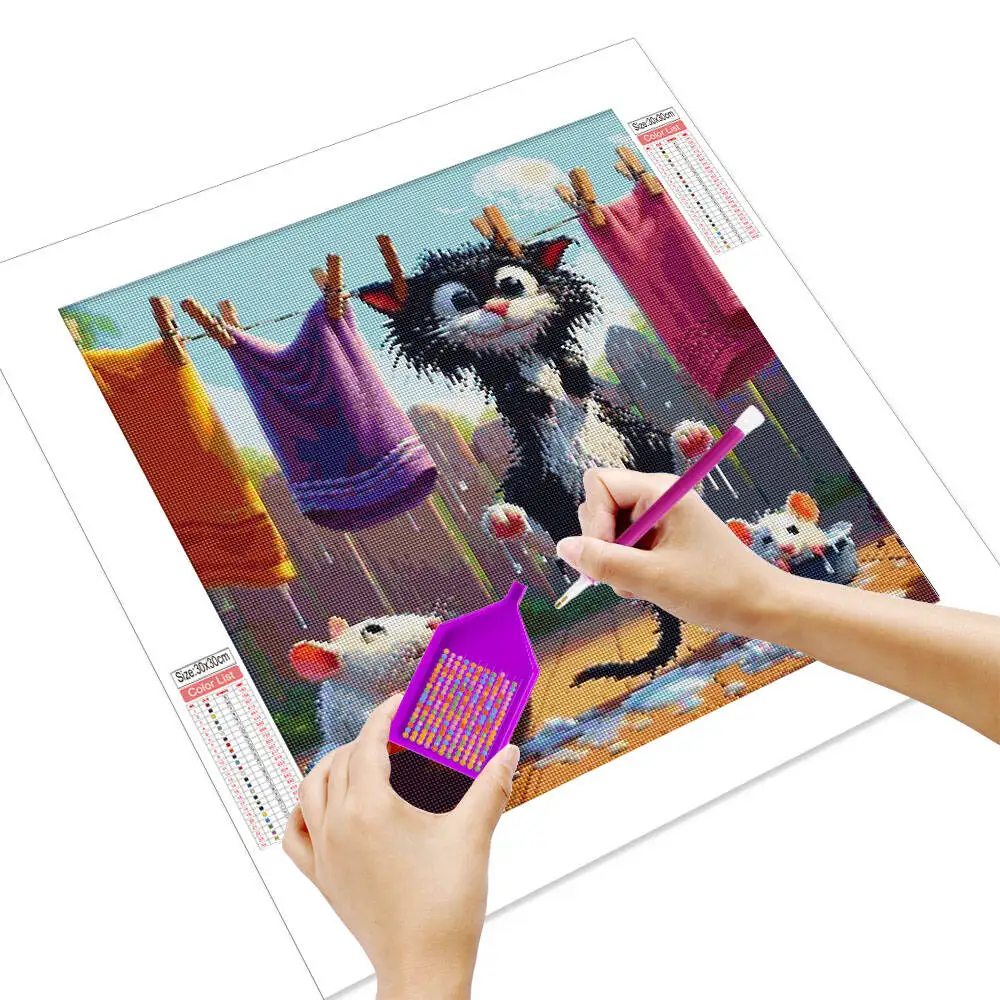 Huacan Animal 5D Diamond Painting Lovely Cat And Mouse Full Drill Rhinestones Mosaic Art Cartoon Design Craft Kit
