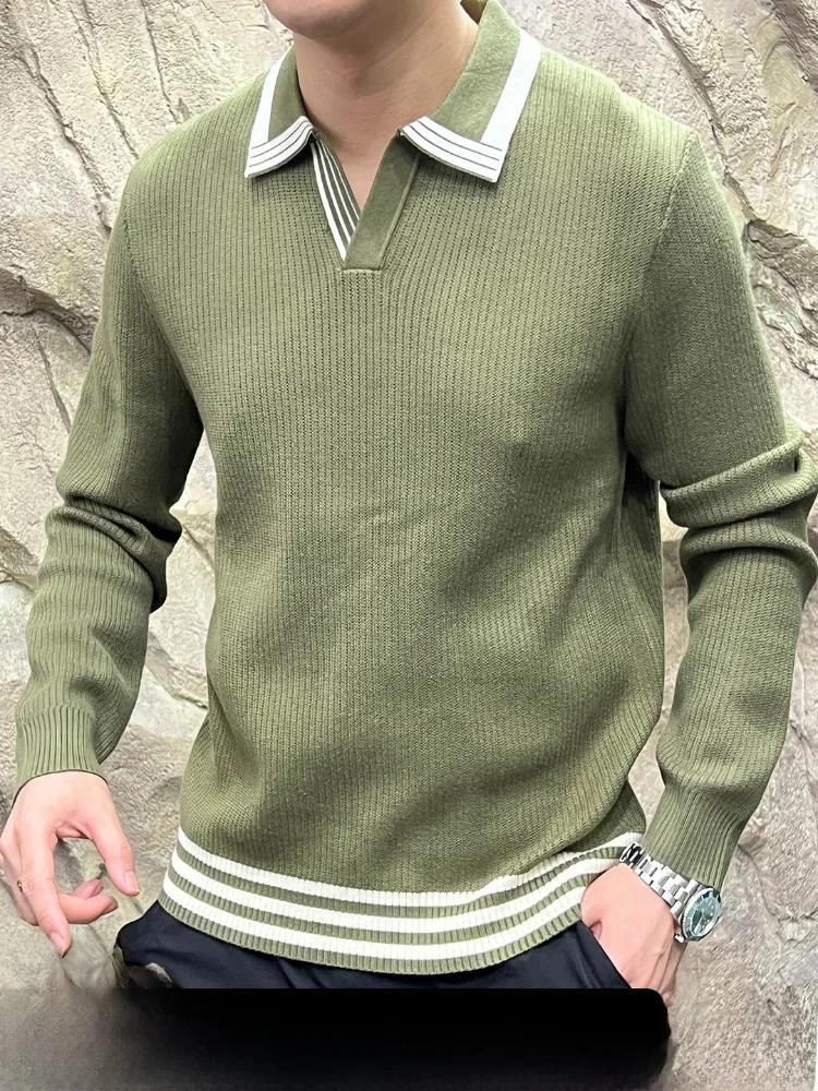 

Italian Sle Men's Knitted Elastic Sweater Collared Design Color Blo New Autumn Faion Breathable Polyester Long Sve