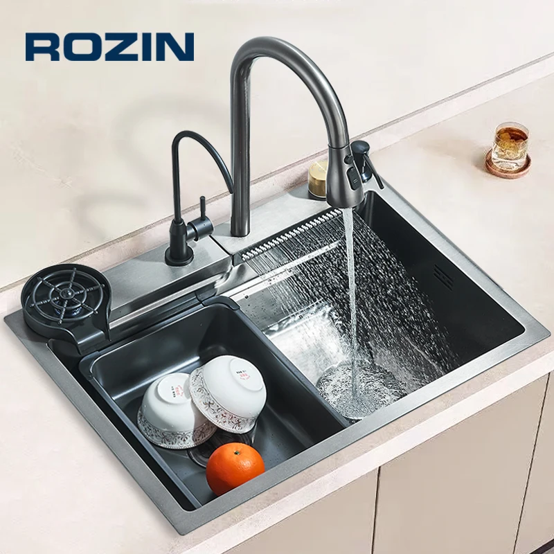 Fregadero de cocina de un solo ranura con grifo, acero inoxidable 304, grande, 60x45cm, lluvia, 4 funciones, con dispensador de jabón, lavadora de tazas