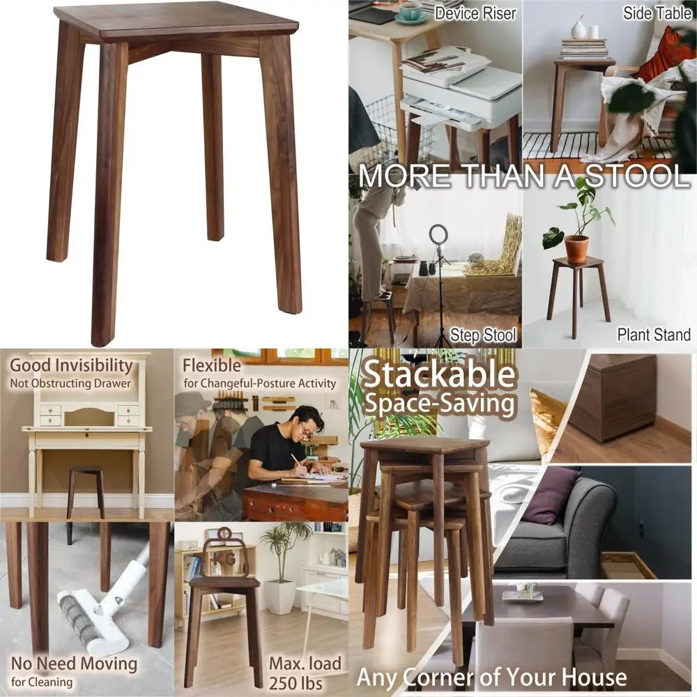 

Walnut Wooden Stackable Stool, 18-Inch Square Top, Backless, Anti-Slip Felt Pad for Kitchen Use