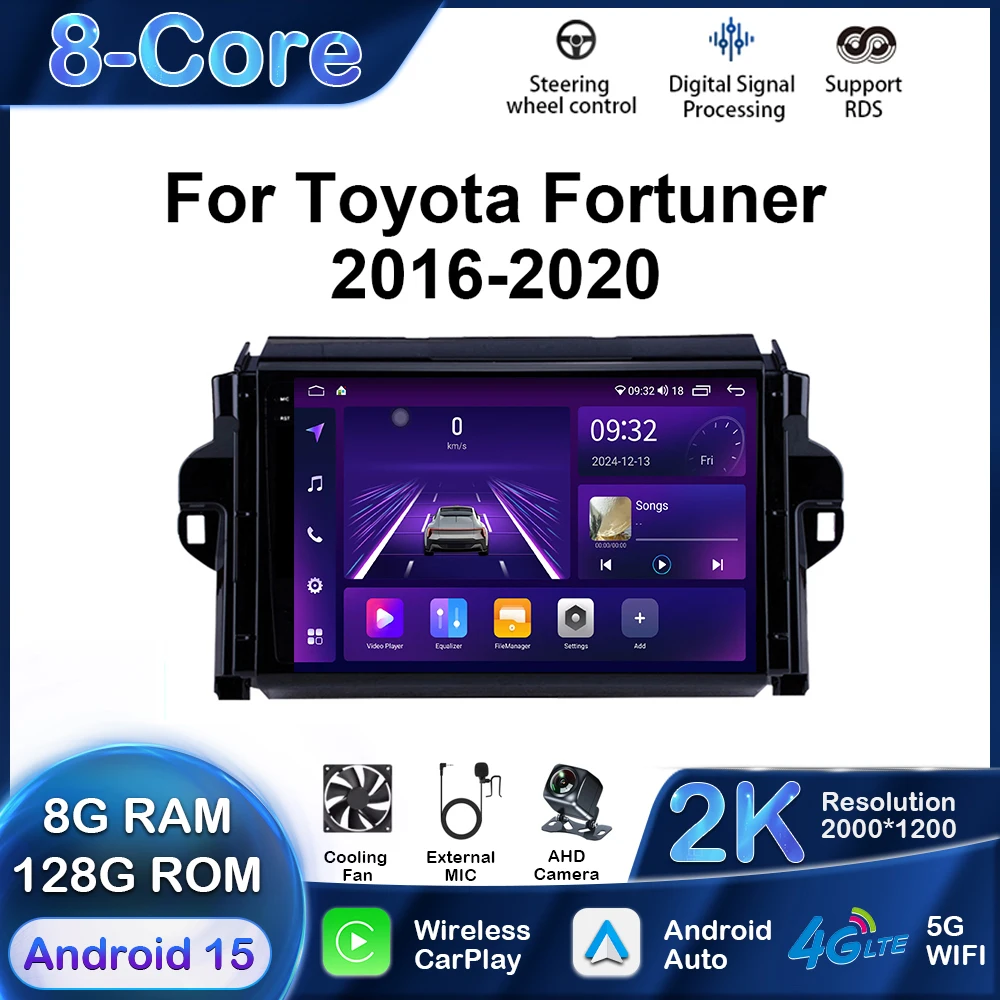 

9 дюймов для Toyota Fortuner 2 2016-2020 Автомобильный радиоприемник Мультимедийный видеоплеер Навигация GPS Android Auto Беспроводной головное устройство CarPlay
