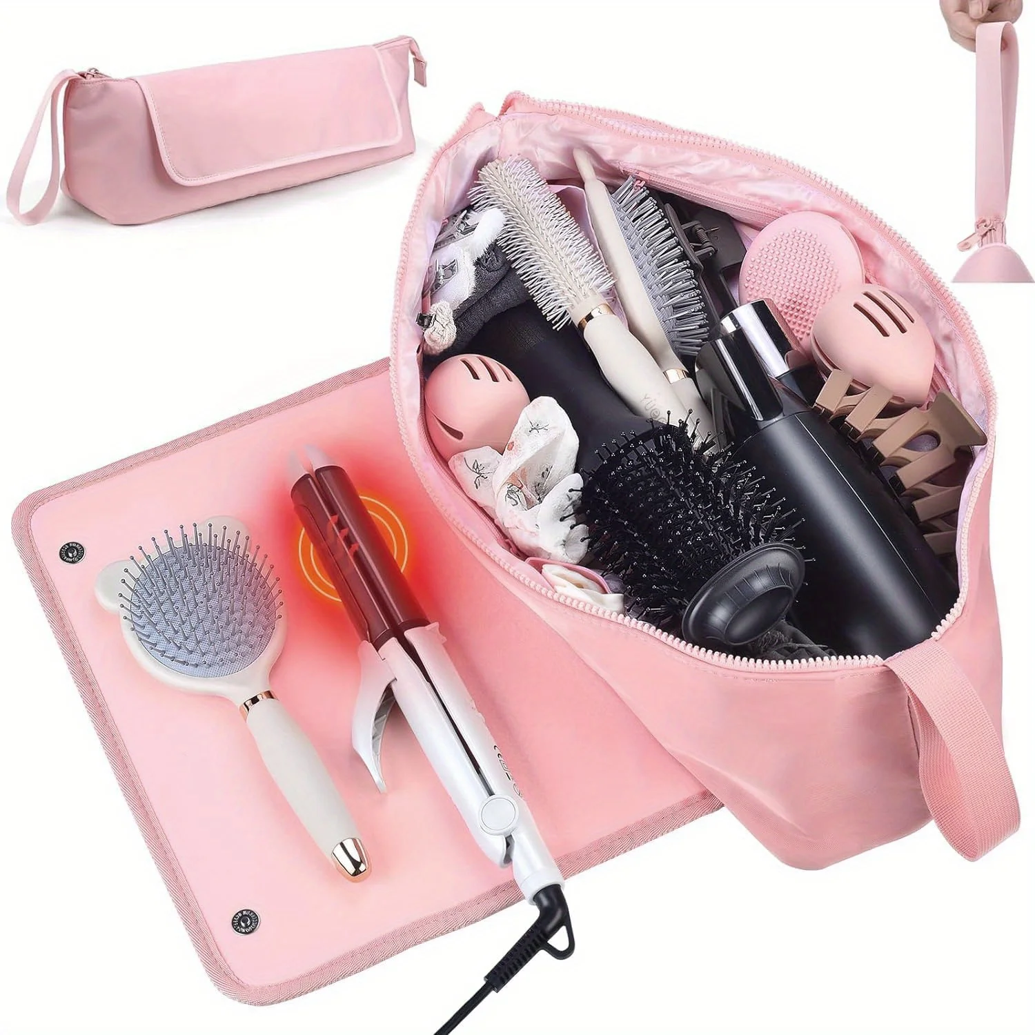 Large Hair Tools Travel Bag Heat Resistant Hair Travel Bag for Curling Iron Flat Irons with Heat Resistant Mat Hangable Handles