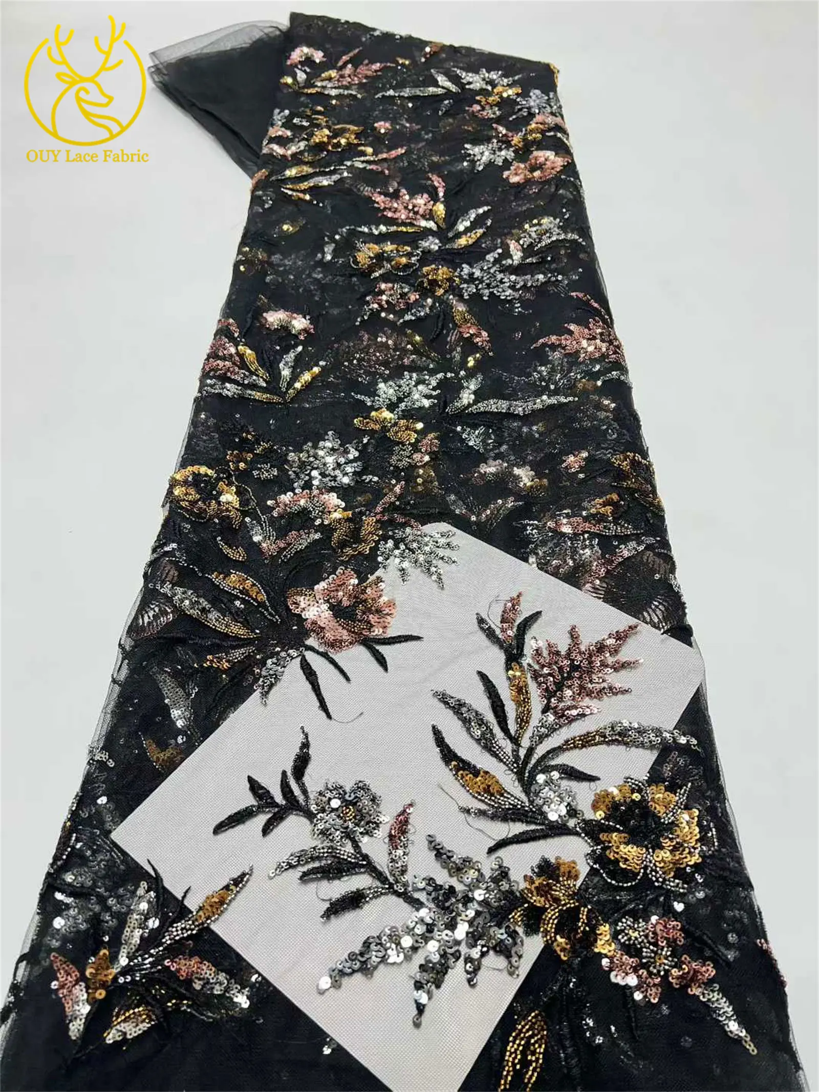 Neuester mit Pailletten bestickter Spitzenstoff 2026 Hochwertiger nigerianischer Perlen-Spitzenstoff, geeignet für Damen-Hochzeitskleider, 5 Yards – Detail 6