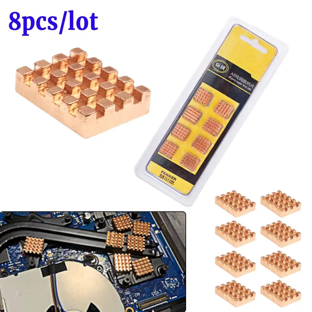 

8pcs/Set A8 For PC Computer Heat Sink Graphics Pure Copper Heatsink Cooler Adhesive Back Card Memory IC Chip Radiator