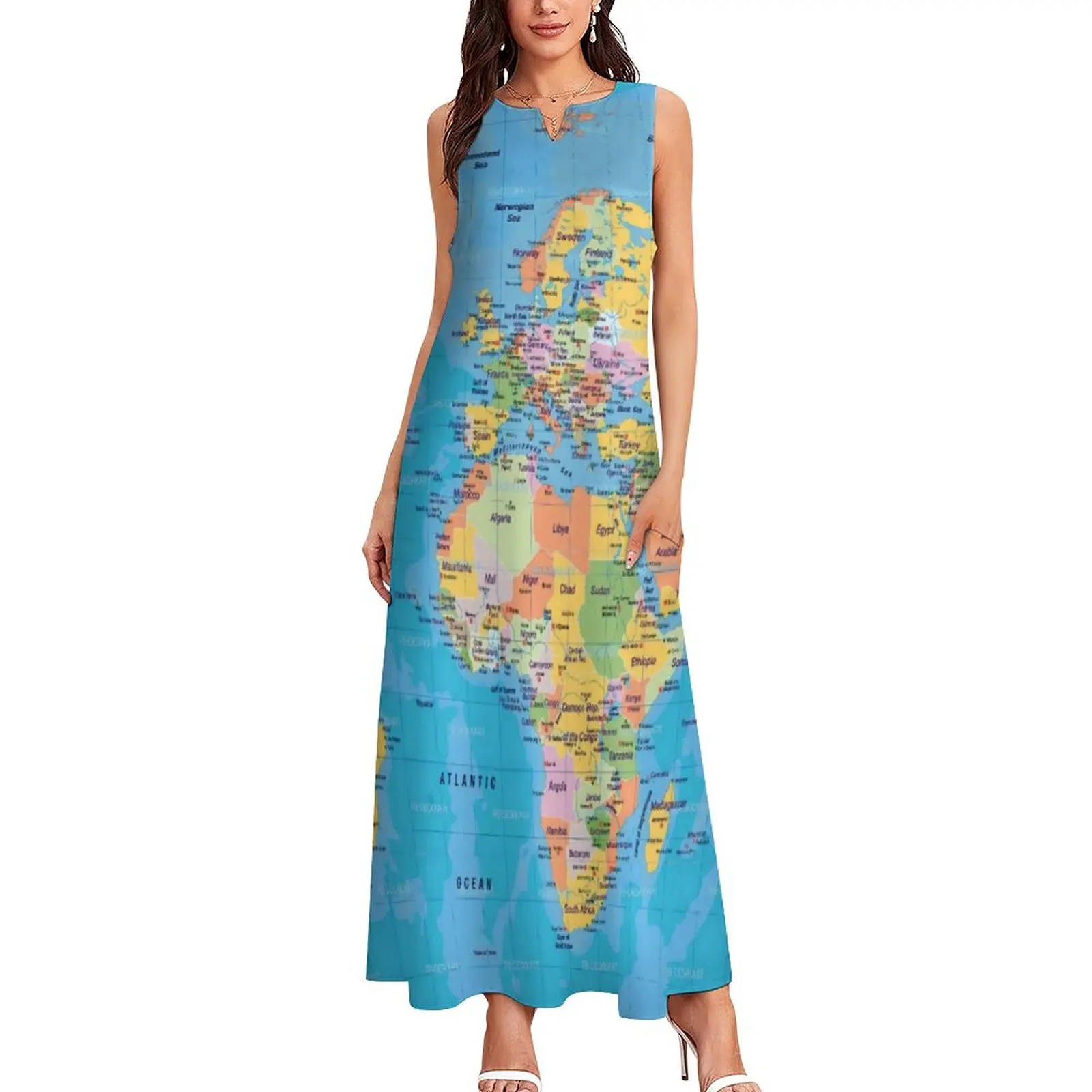 Earth Map Dress World Maps Print Elegant Maxi Dress Street Style Bohemia Long Dresses Women V Neck Custom Big Size Vestidos