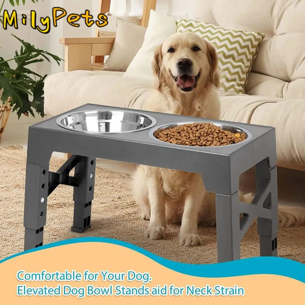 

4 Adjustable Heights Elevated Dog Bowls Stainless Steel Non-slip Pet Feeding Dish Noise-free Large Capacity