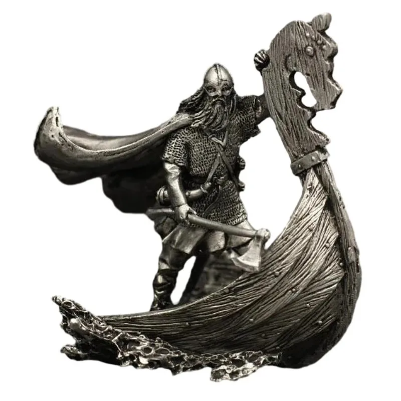 Viking Warrior & Long Ship 1/30 Scale Tin Metal Figurines Ancient Combat Soldier Models for Home Office Decoration Gifts