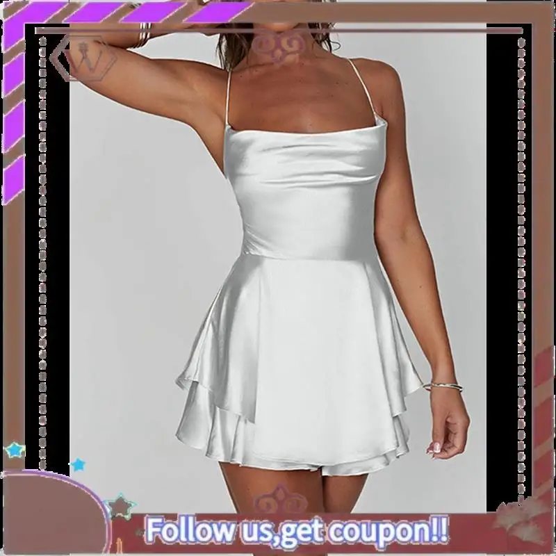 A95D-여성용 우아한 새틴 A라인 여름 민소매 밴디지 백 스파게티 스트랩 티어드 점프수트