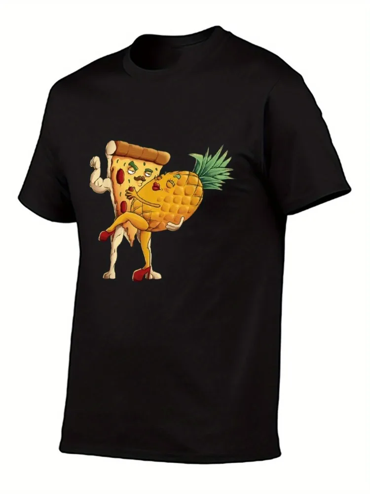 

Fun Pizza Slice and Pineapple Pattern T-Shirt Italian-Style Foodie Design Crew Neck Short Sleeve Unisex Casual Top Playful Style