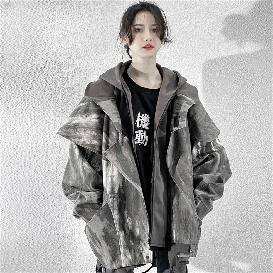 Functional Cargo Jackets Women Ripped Hole Spring Fake Two-piece Jackets Coats Tactical Windbreaker Streetwear Loose Jackets