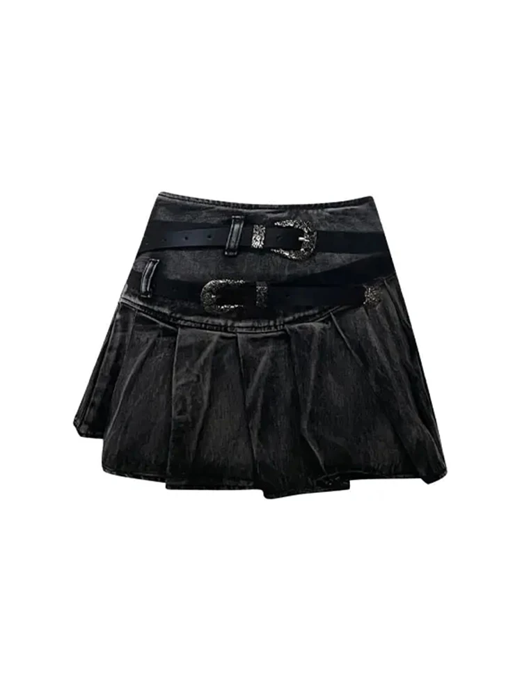 

Summer Women Dark Academia Japanese Y2k Streetwear Mini Denim Pleated Skirt Belt Gyaru Coquette Harajuku 2000s Kpop Goth Club