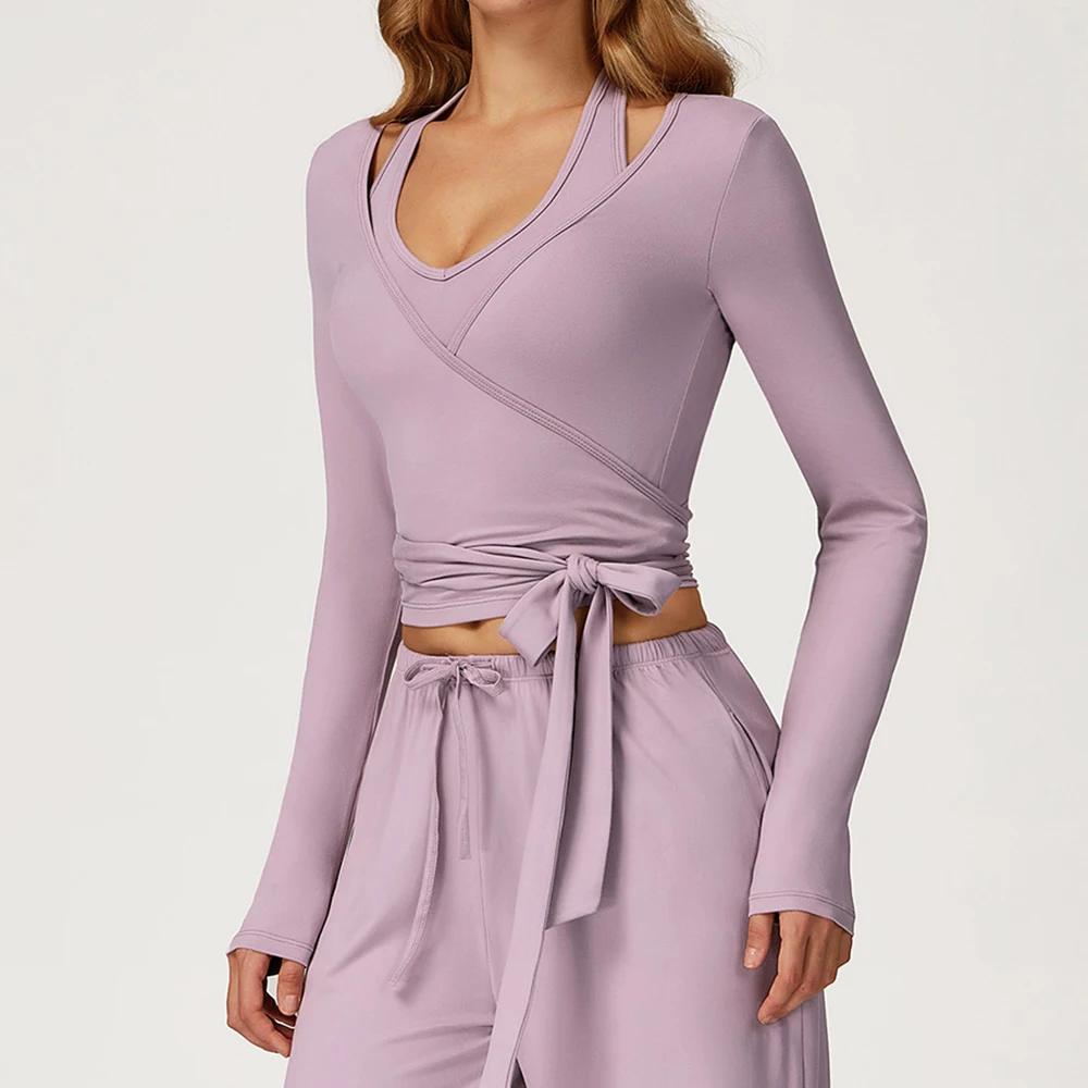

Waist Bowknot Strap Women Long Sleeve Yoga Shirts Winter Crossover Strap Gym Sports T-shirts Outdoor Running Fitness Tight Tops