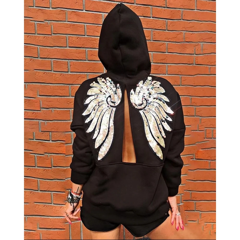 Women Casual Two Pieces Suit Sets Sequin Wings Pattern Back Slit Long Sleeve Hooded Sweatshirt & Shorts Set Women Sexy Outfits