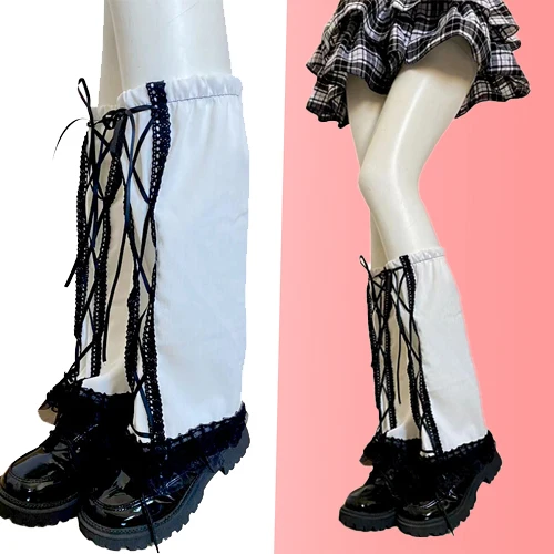Women Leg Warmers Japanese Harajuku Style Girls Sweet Ruffles Leg Socks Gothic Lolita Lace Ruffled Hem Foot Cover Lace-up Socks