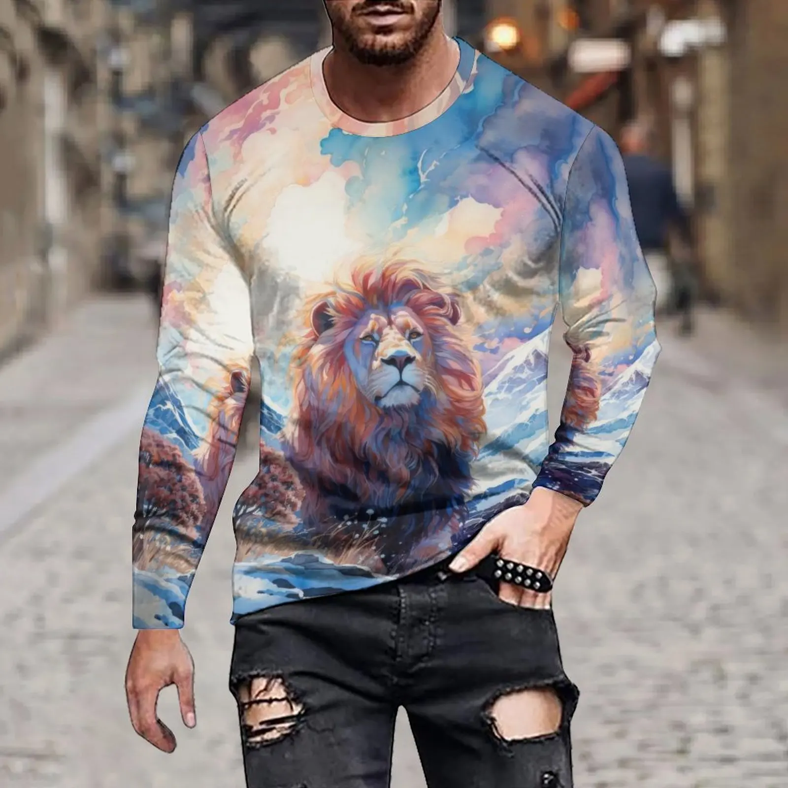 Men's/Women's Autumn Loose Casual Solid Color Simple Irregular Simulation Animal Oil Painting Printed Long Sleeve T-Shirt