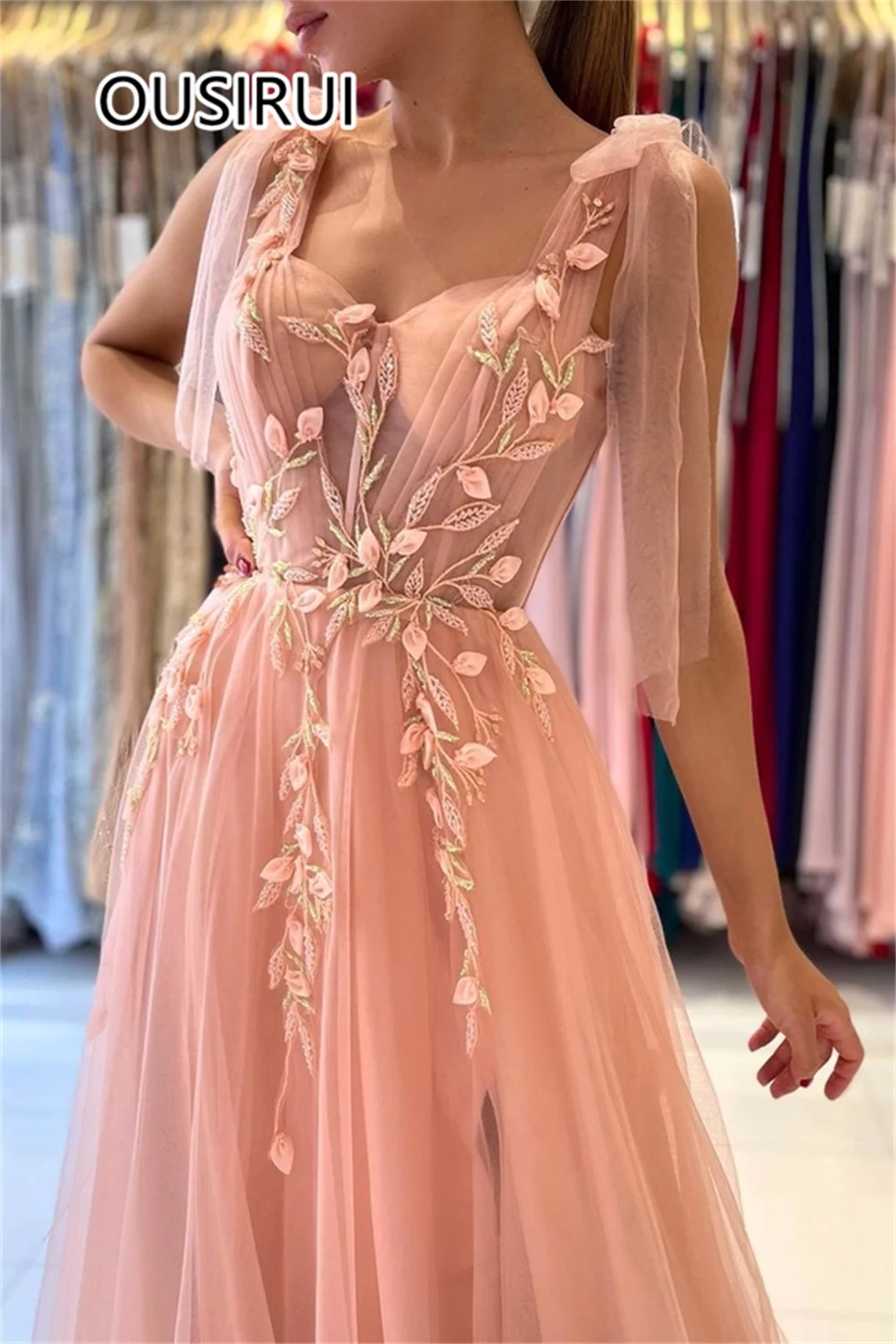 Glamorous Spaghetti Straps Tulle A-line Evening Women's Dresses Backless Side Slit Sweep Trian Prom Gown with Lace Customized