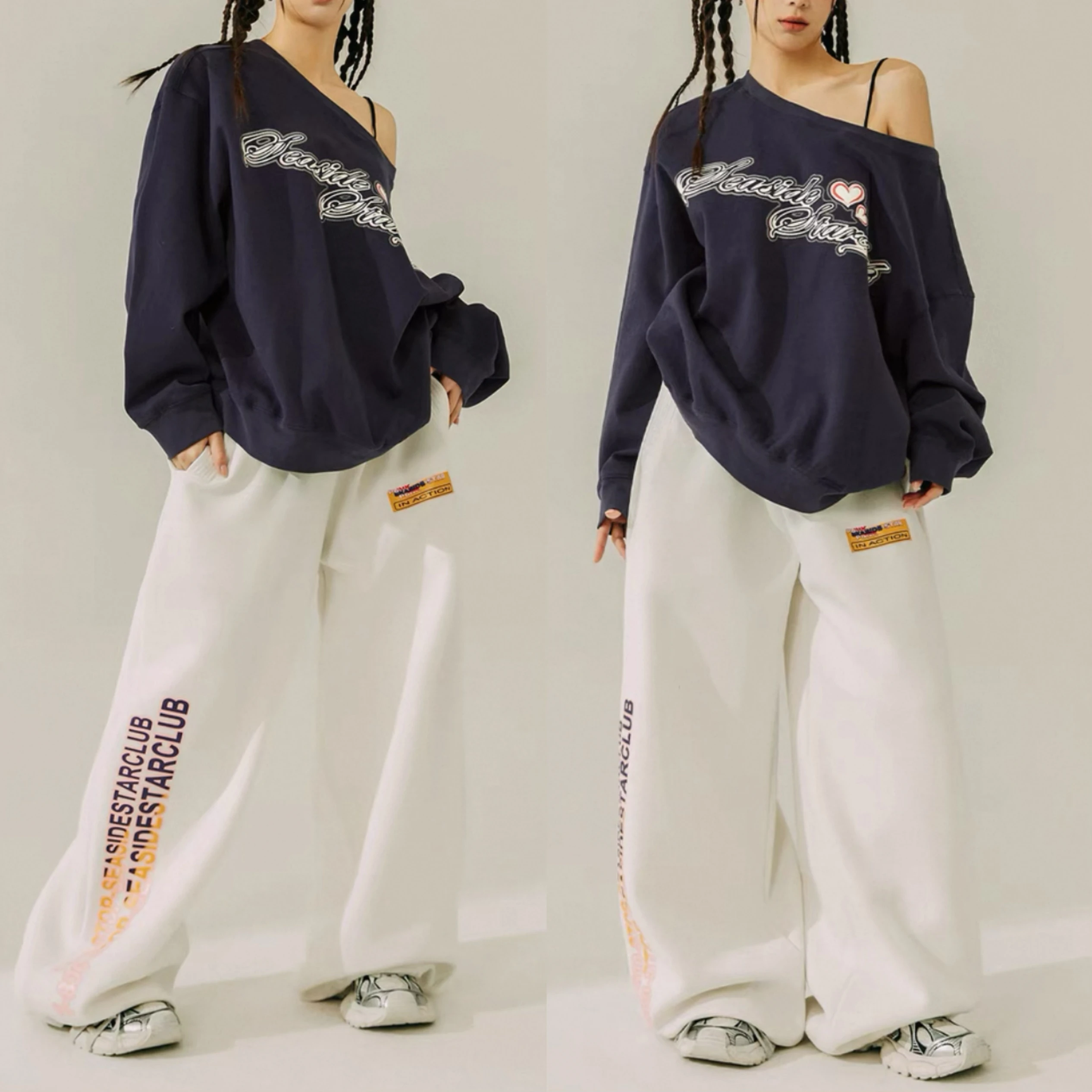 American Style Hip Hop Jazz Street Dance Women's Loose Wide Leg Pants Cuffed Casual Sports Trousers High Waist Long Pants