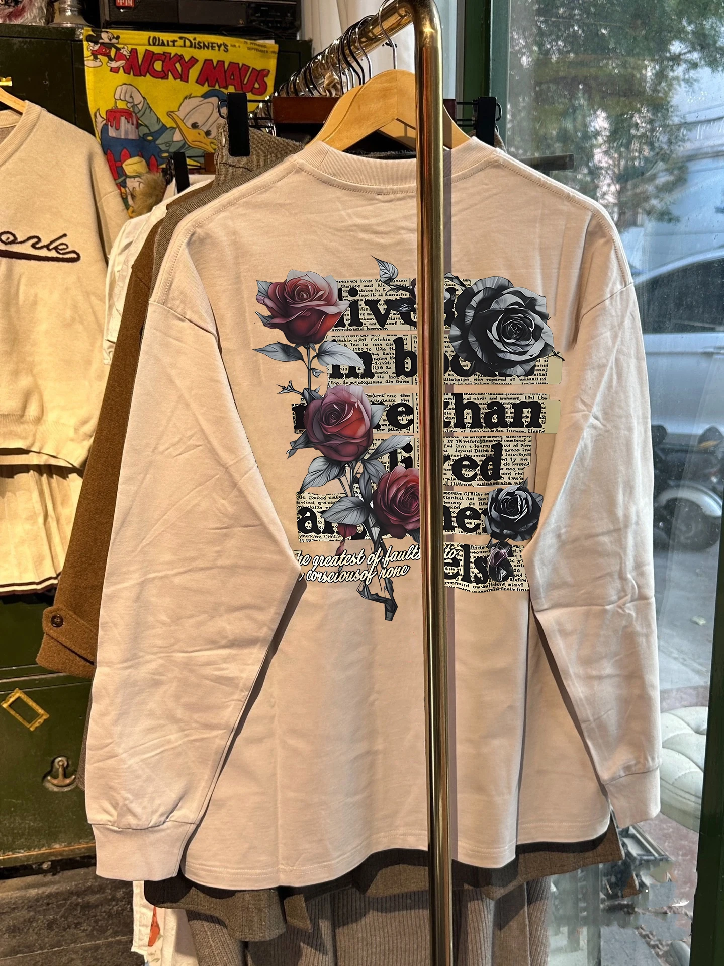 

ex Casual Cotton T-irt Rose Print Outerwear Long Sve round Ne Regular Fit Autumn Faion Streetwear Sle