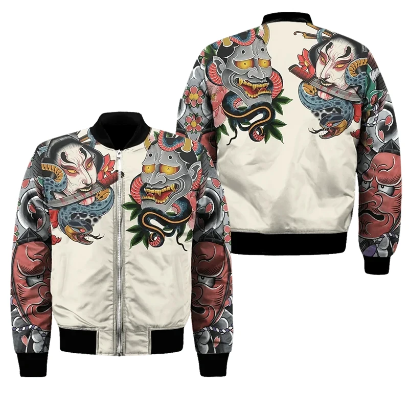 Spring Autumn Mens Bomber Jacket Samurai Oni Mask Tattoo 3D All Over Printed Zip Tracksuits Street Casual Zipper Jacket Clothing