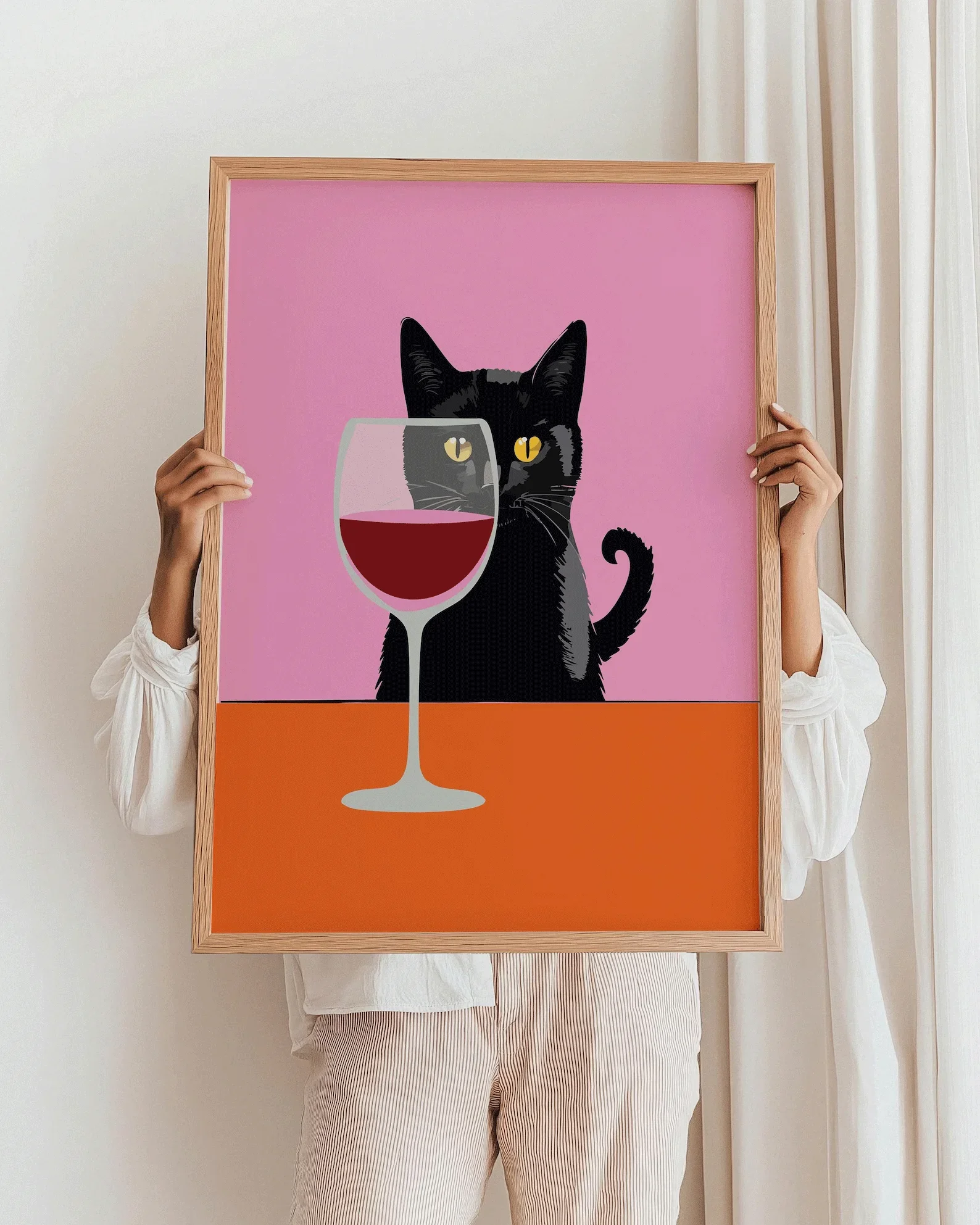 Wine Cat Wall Art Wine Cat Art Print Black Cat Wine Table Felne Wine Cat Wall Art Pink Orange Bar Cart Kitchen Wall Decor