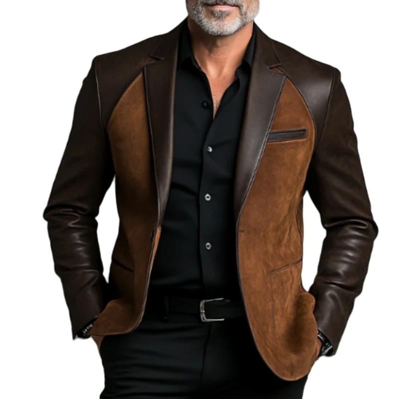 Designer Classic Men's Suit Coat PU Splicing Notched Lapel Tuxedos Peaked Breasted Groom Wear Business Party Blazer Customized