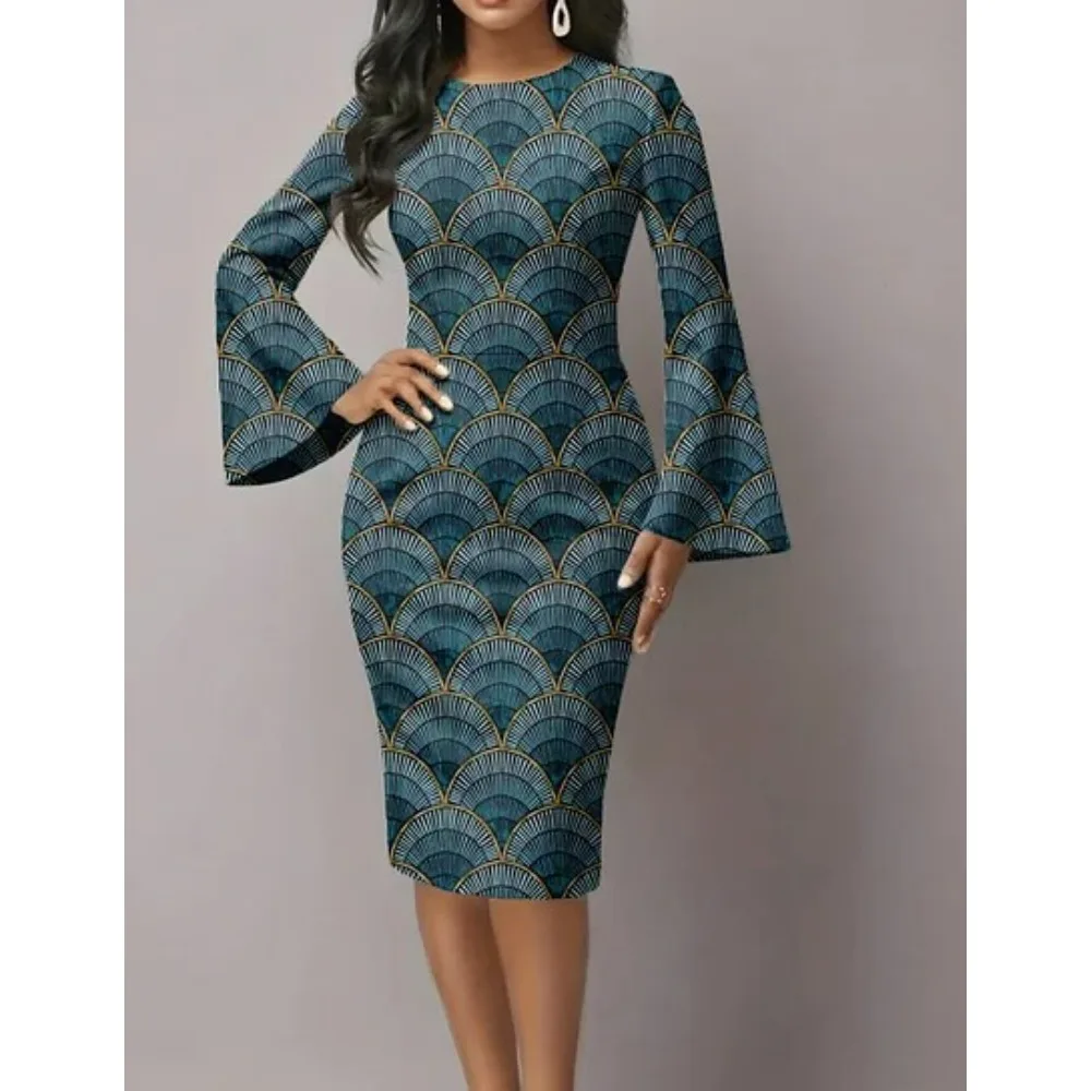 Gradient Color Bodycon Dress for Women Abstract Leaf Pattern High Waist with Bell Sleeves Elegant Cocktail Dress for Party