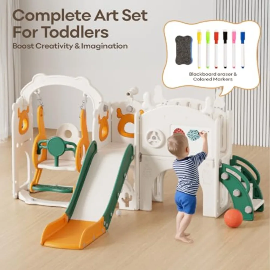 屋内屋外兼用幼児用滑り台とブランコセット 1～3歳向け バスケットゴール付き ドローイングゴルフ イエローグリーン 82×67×41インチ プラスチック製木製