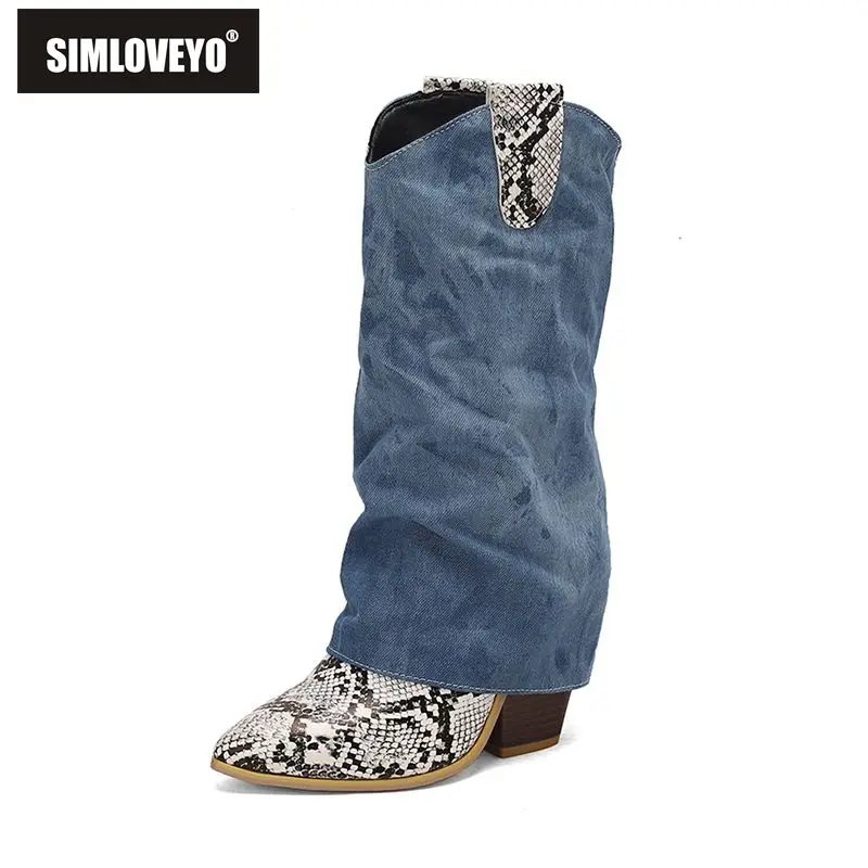 

SIMLOVEYO Женские сапоги до середины икры с острым носком на блочном каблуке 10,5 см без шнуровки разных цветов, большие размеры 48 49 50, повседневные ботильоны