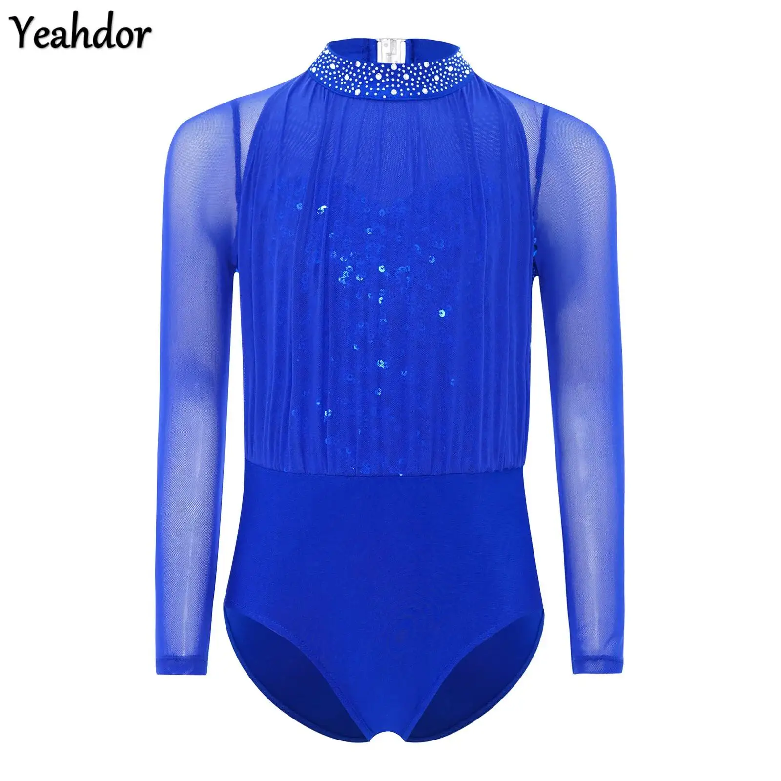 

Kids Girls Rhinestones Gymnastics Leotard Long Sleeve Sheer Mesh Sequin Ballet Bodysuit Figure Skating Jumpsuit Modern Dancewear