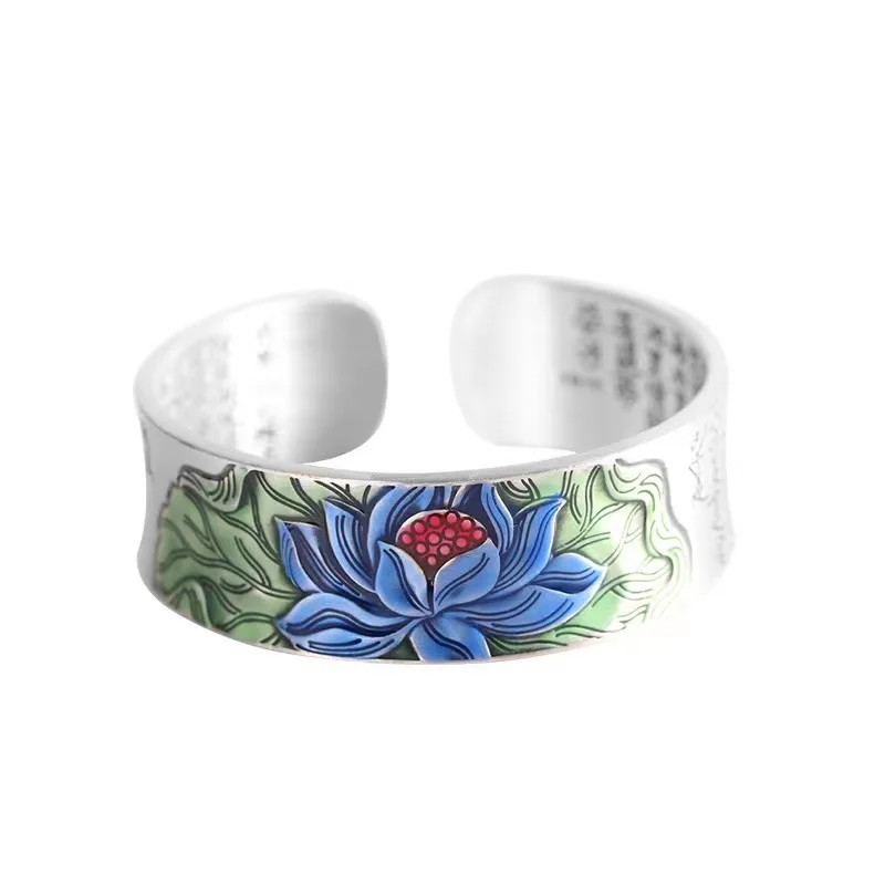 Vintage Silver 925 Colored Enamel Wide charm bracelet for women Cloisonn Lotus flower Heart Sutra bracelets Exquisite Jewelry
